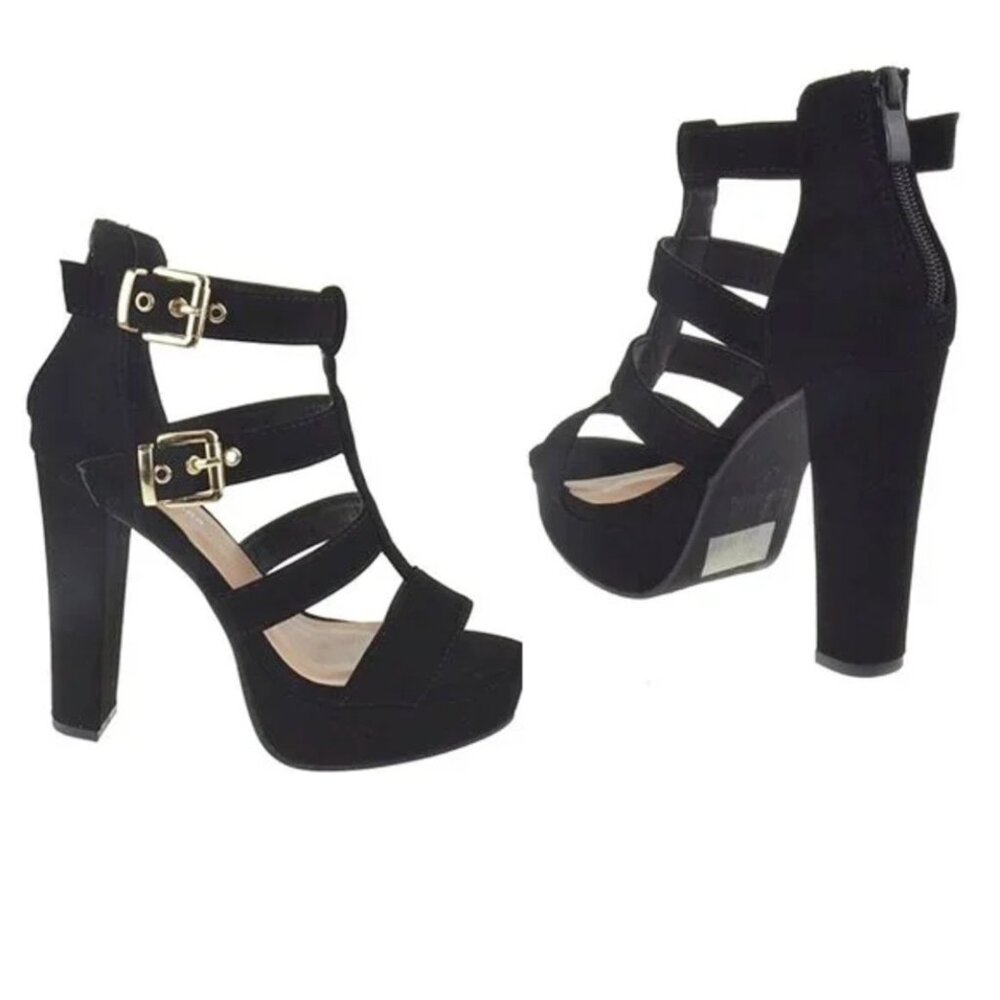 Top Moda Open Toe Faux Suede Platform Chunky High Heel Strappy Dress Sandals